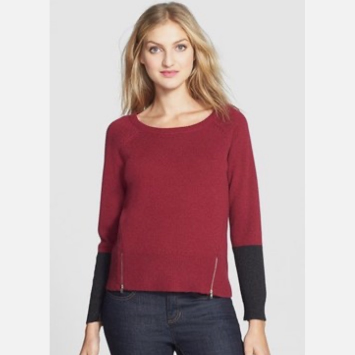 Eileen Fisher Colorblock Detail Sweater Supersoft Yak Merino Red Sweater